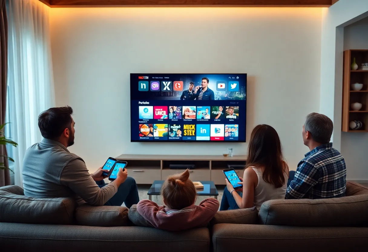 A family enjoying streaming media in a cozy living room with social media elements.