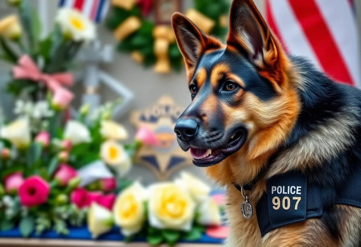 Memorial for K9 Officer Coba, featuring flowers and police insignia.