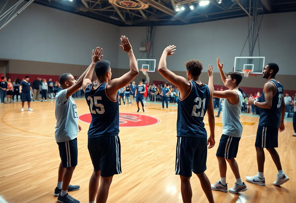 Basketball players celebrating on the court after winning a championship
