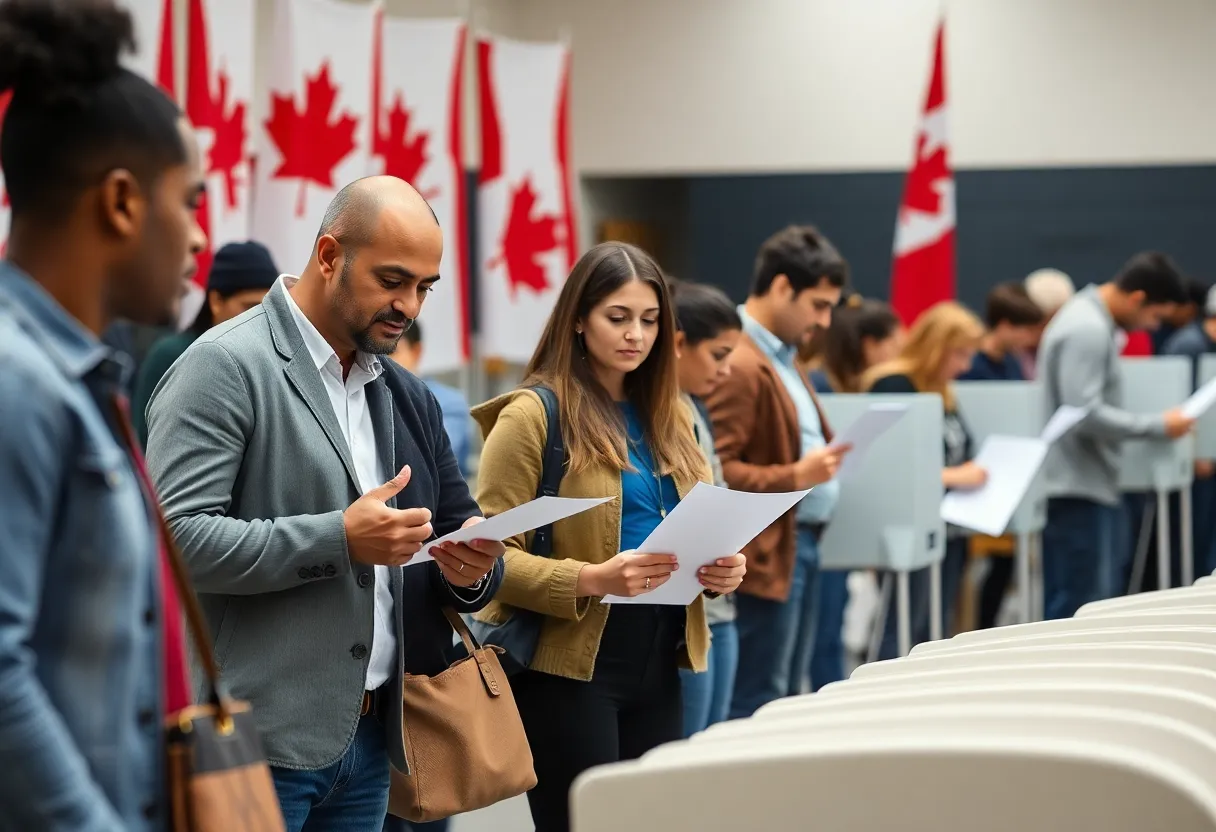 A diverse group of Canadian voters participating in the election process.