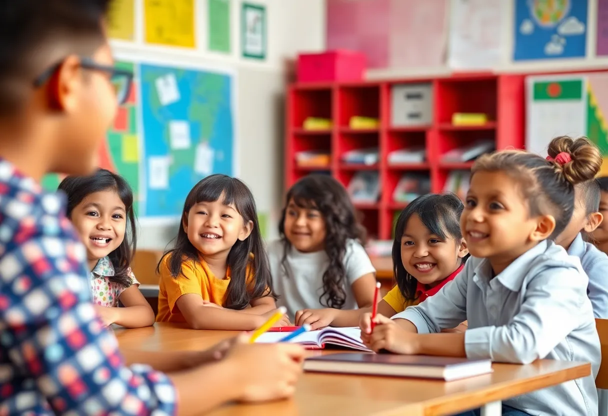 Students engaging with a teacher in a classroom setting
