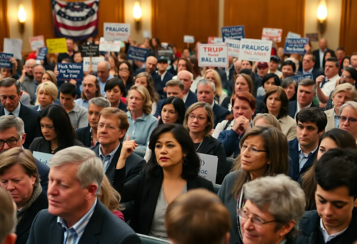 Crowd at town hall meeting with mixed reactions