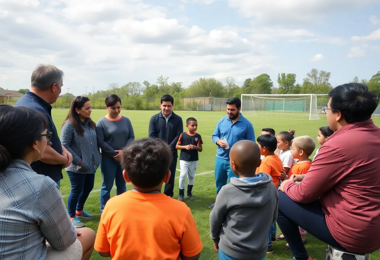Community members discussing child safety near a soccer field