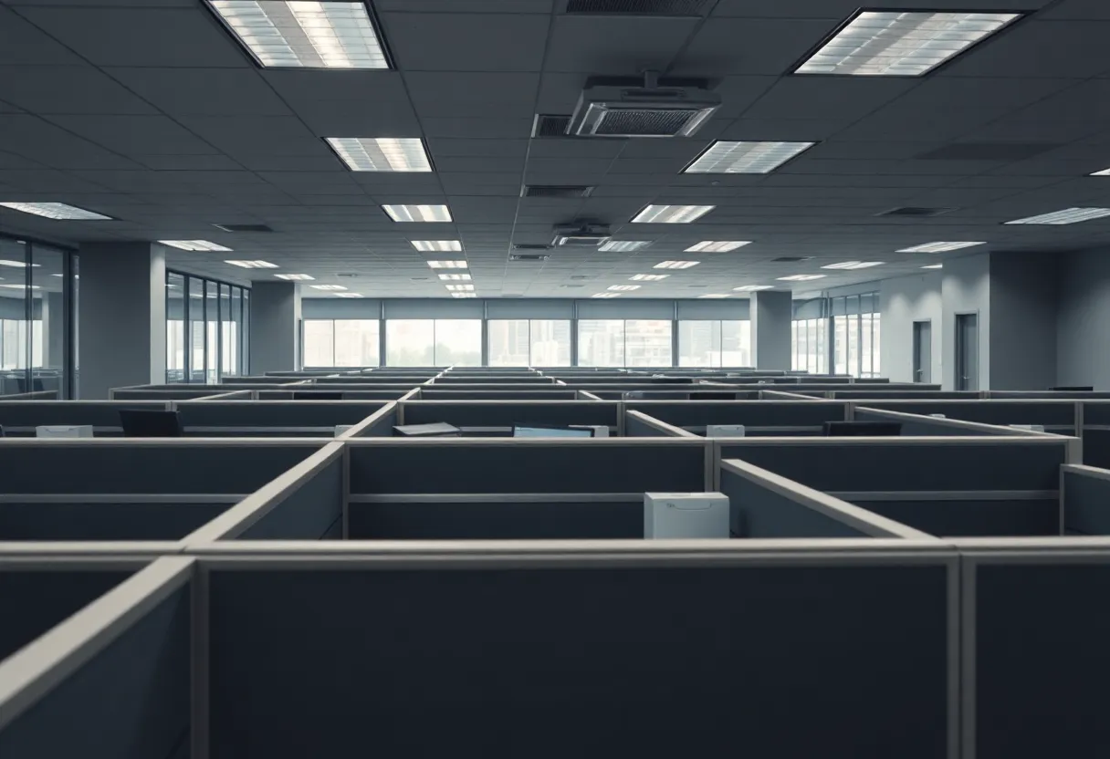 Empty cubicles in a media office after layoffs.