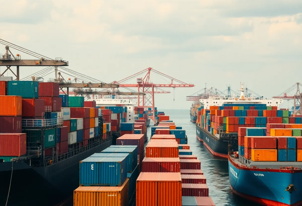 Illustration of global trade with cargo ships and containers symbolizing economic shifts