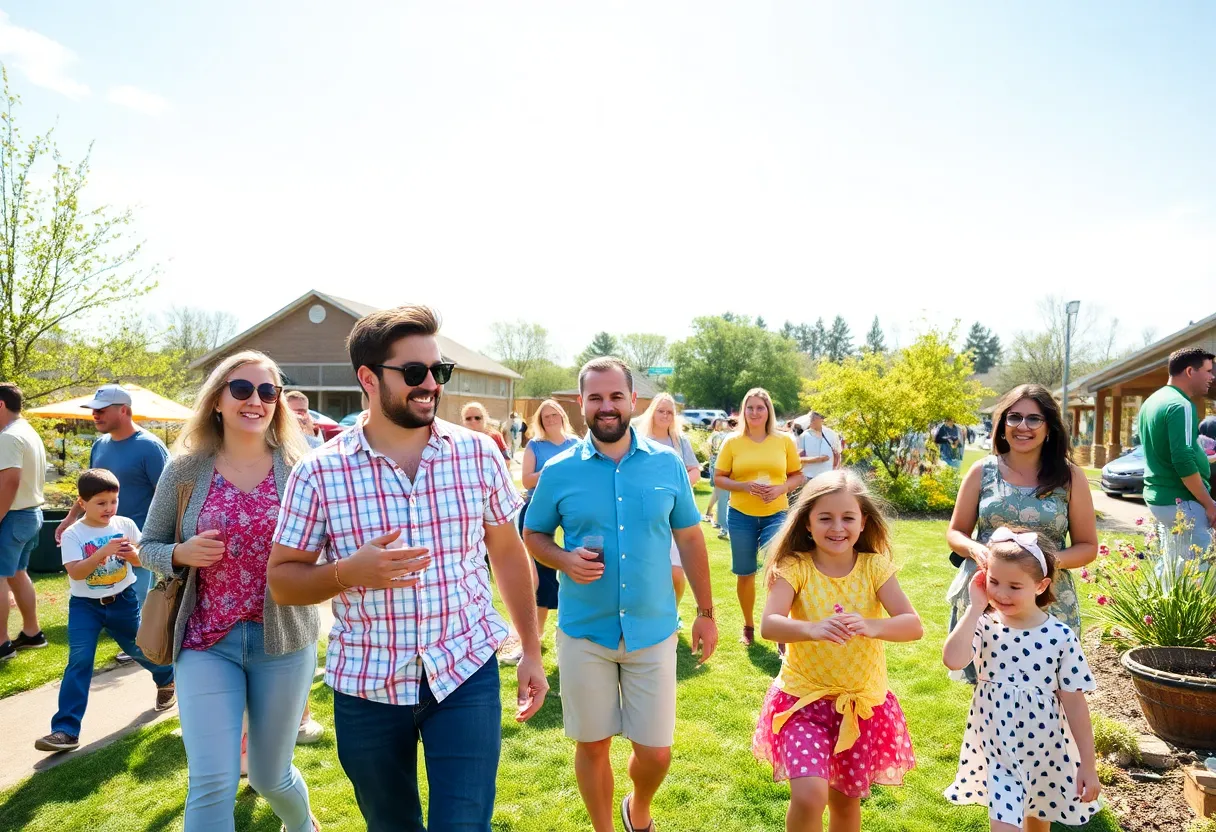Families and friends enjoying outdoor activities in Greenwood under a sunny sky.