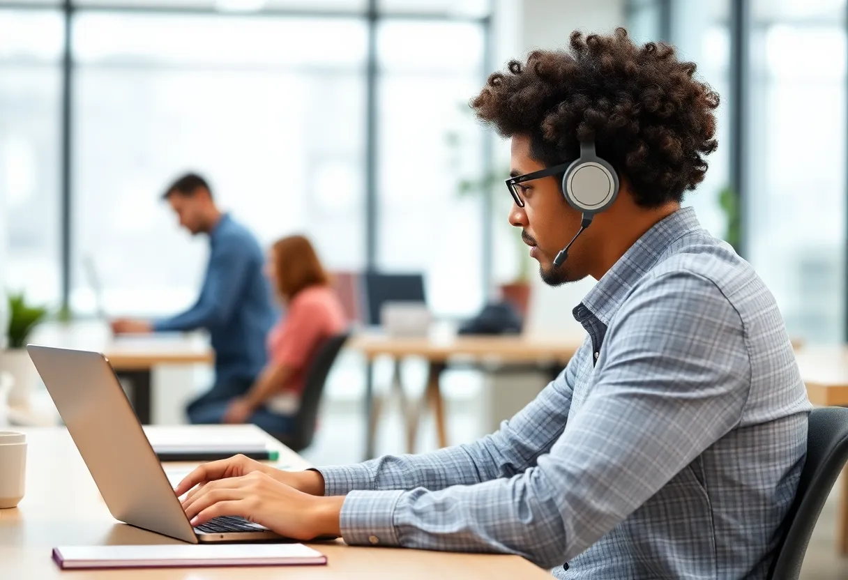 A marketer brainstorming with ChatGPT in a stylish office.