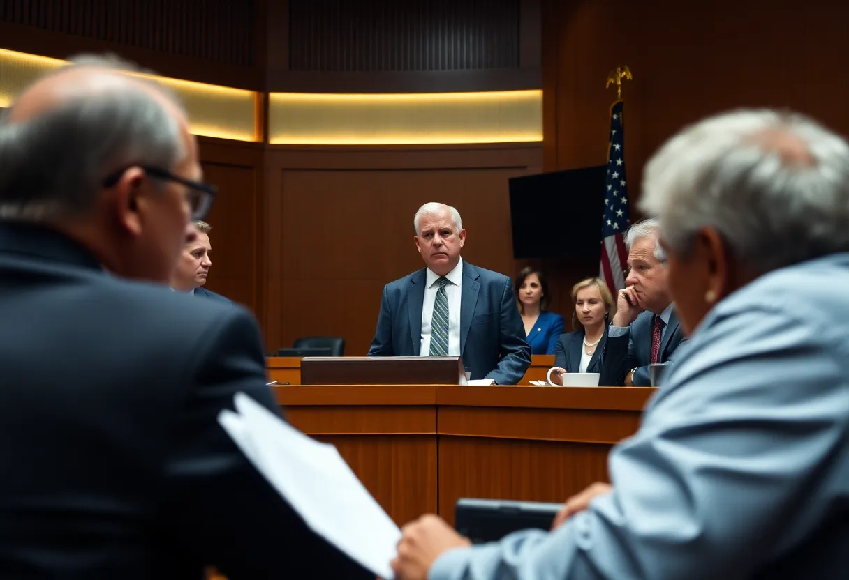 Courtroom depiction highlighting immigrant rights issues