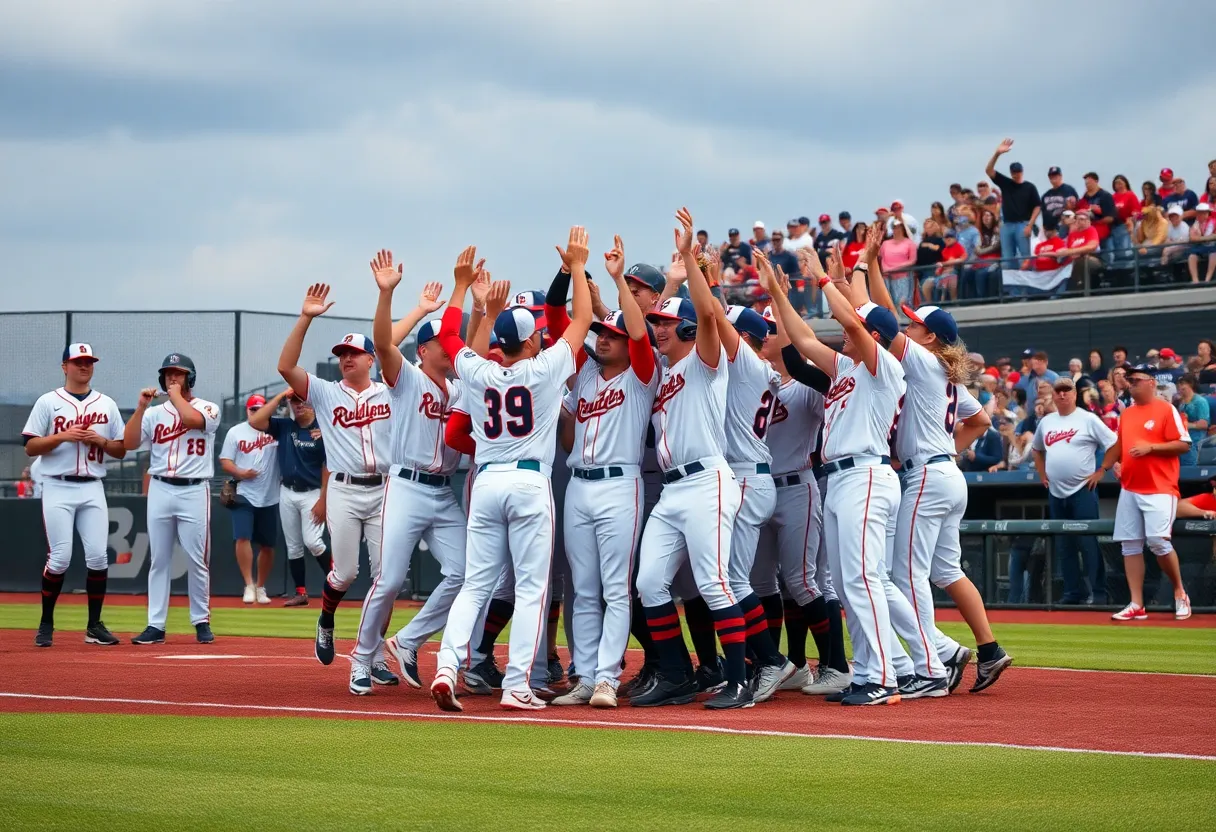 Mid-Carolina Rebels team celebrating on the baseball field