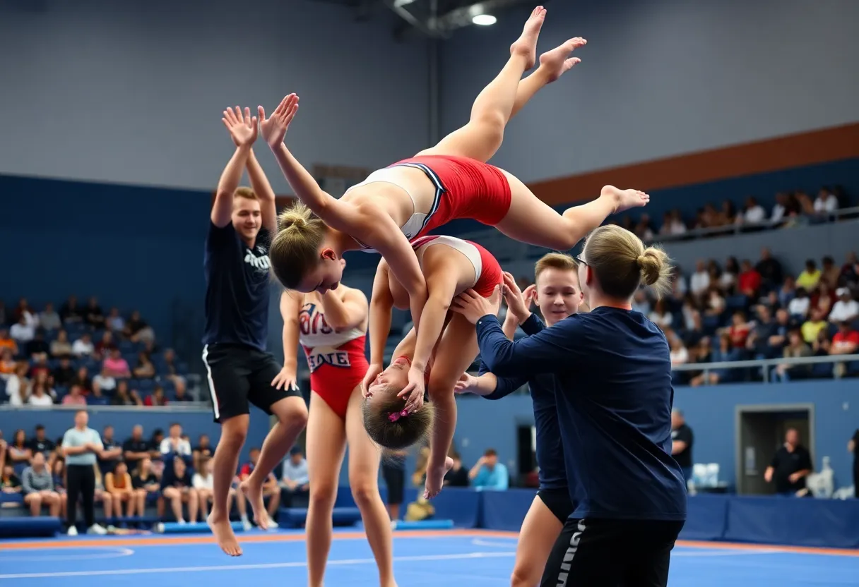 Newberry College Acrobatics team performing at the final meet.
