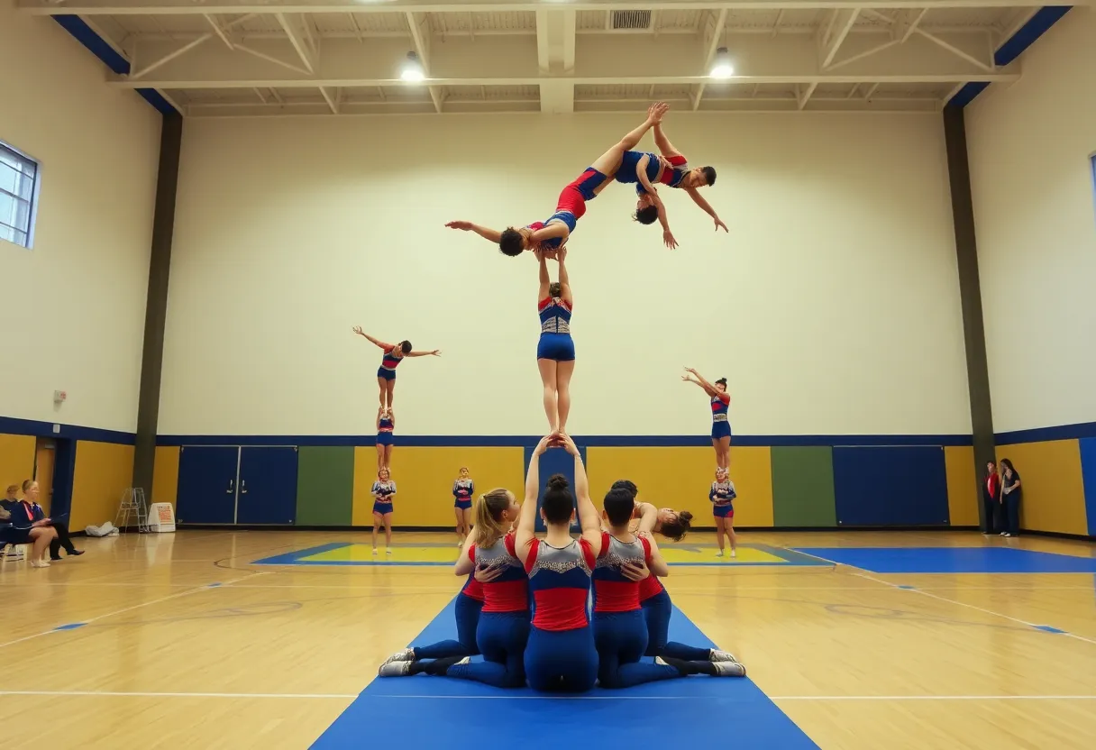 Newberry College acrobatics and tumbling team performing in competition