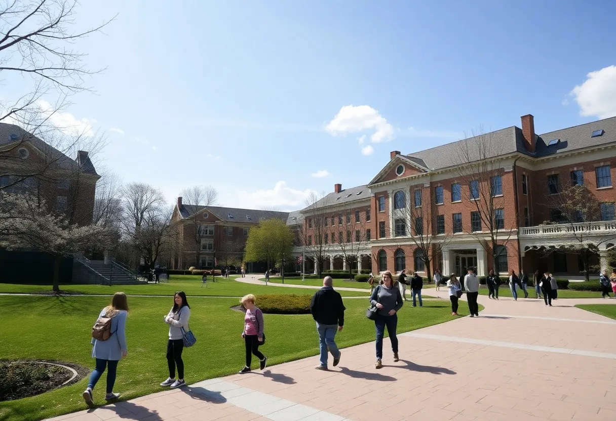 Springtime view of Newberry College campus with students