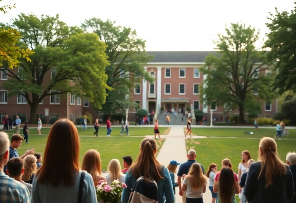 Newberry College campus with students gathering in remembrance.