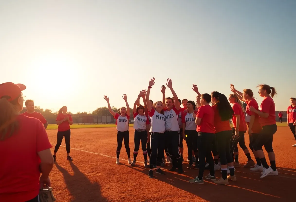 Newberry College softball team celebrating a win on the field.