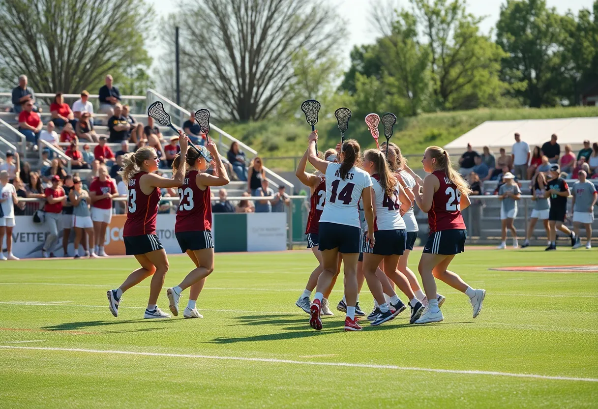 Players celebrating on the lacrosse field during Senior Day