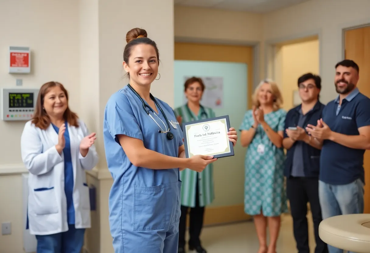 Nurse receiving award surrounded by colleagues