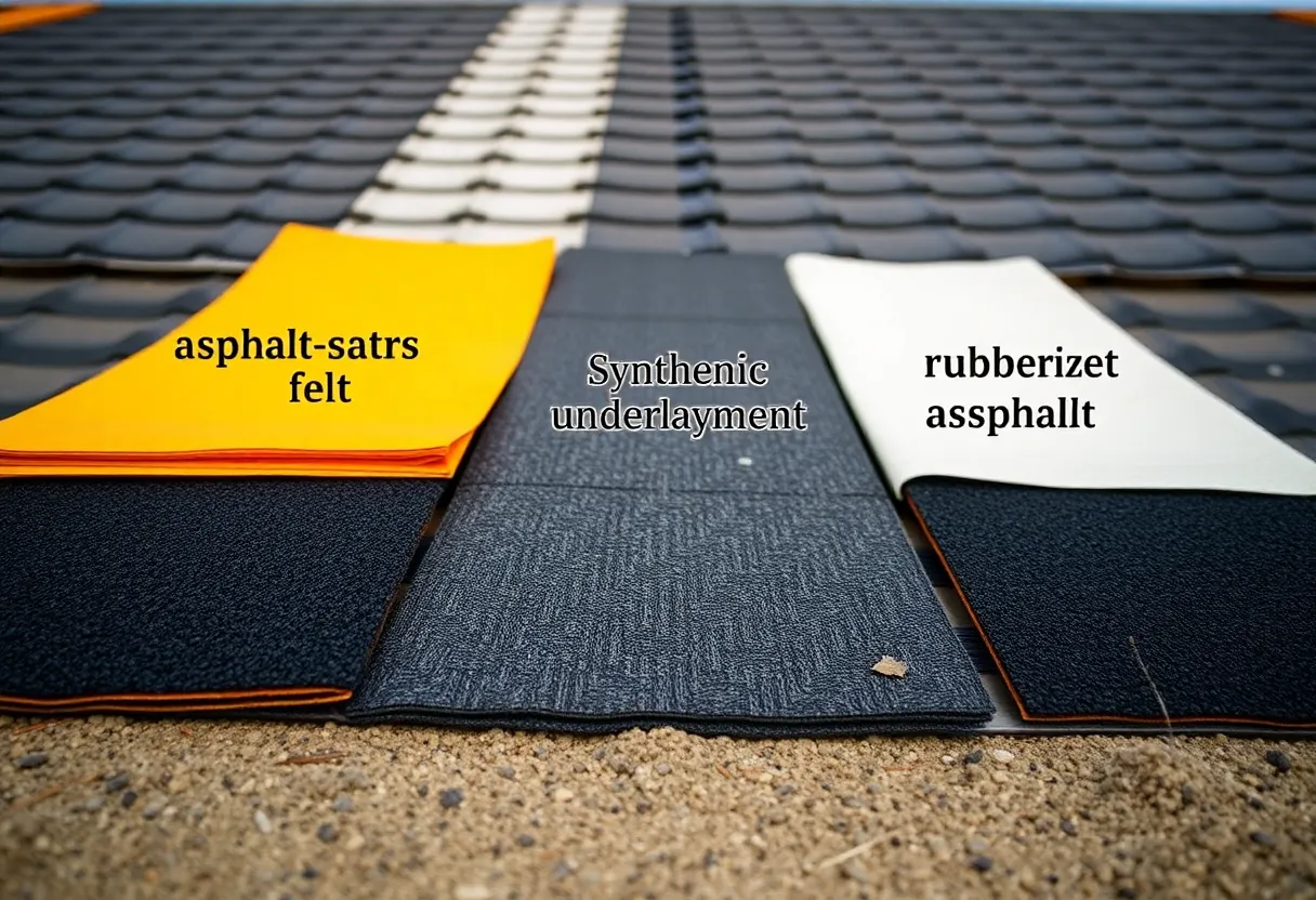 Different types of roofing underlayment materials including asphalt-saturated felt, synthetic underlayment, and rubberized asphalt.