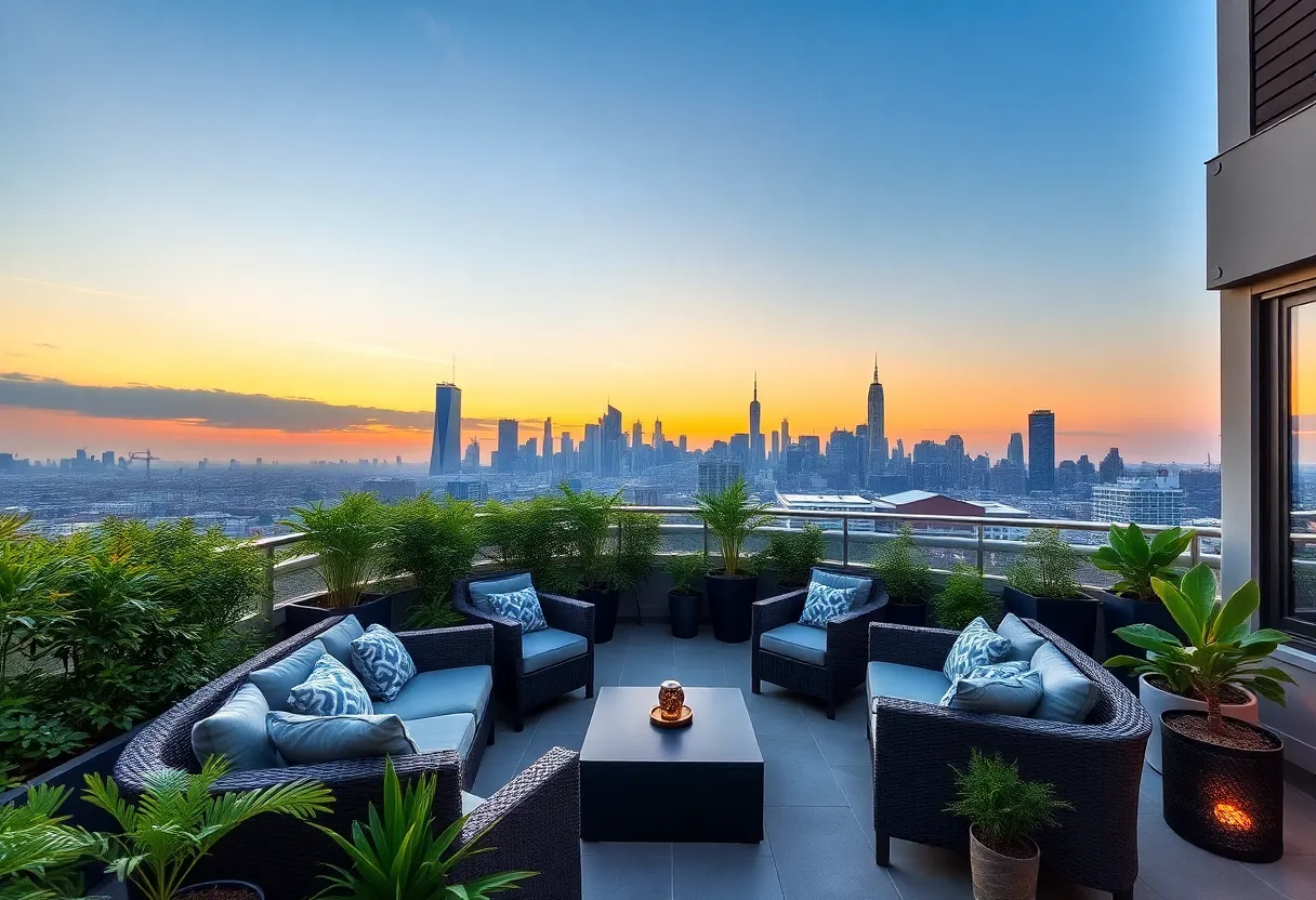 A rooftop transformed into a functional outdoor living space with seating and greenery.