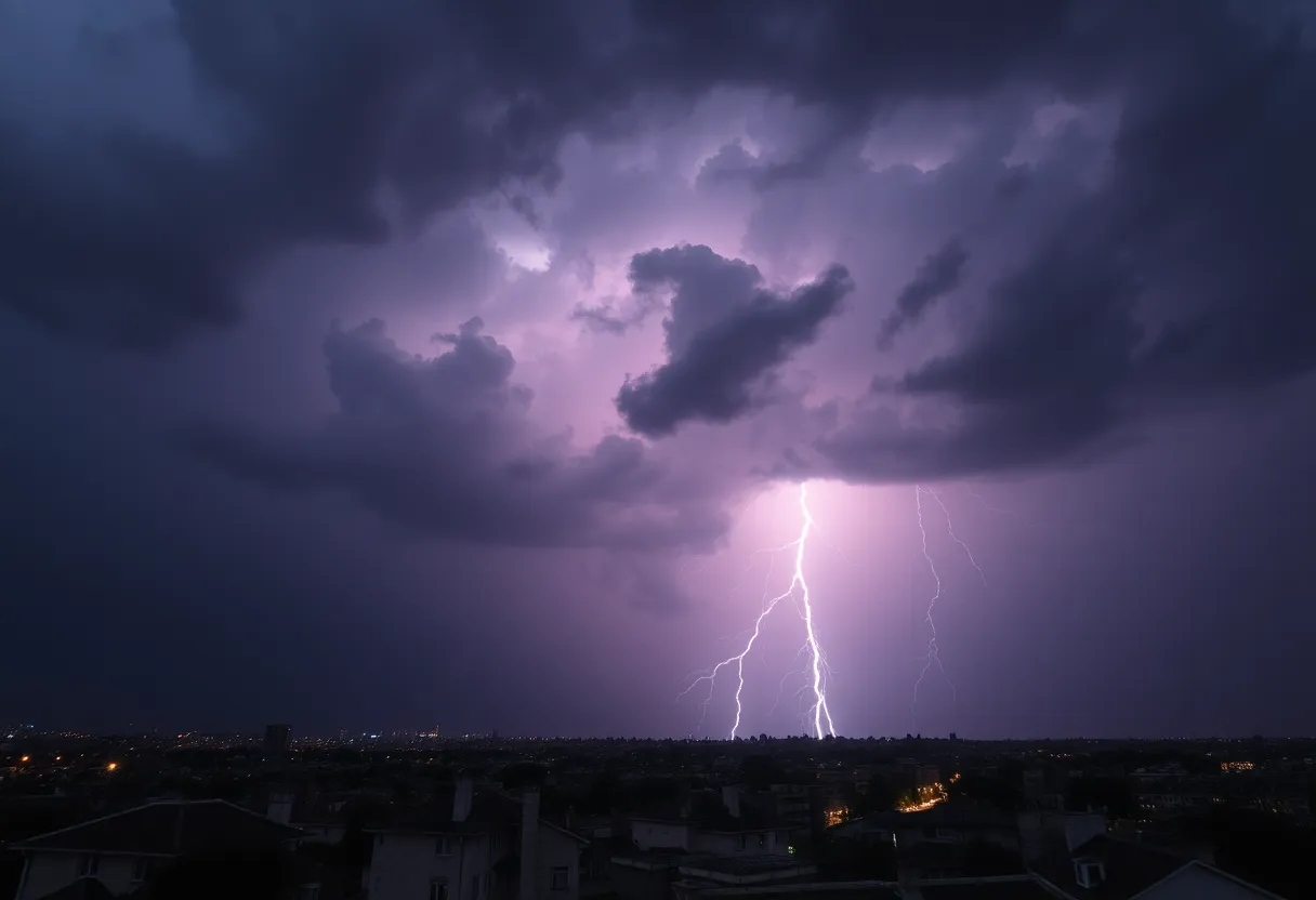 Dark storm clouds with lightning over Columbia, SC indicating a severe thunderstorm watch.