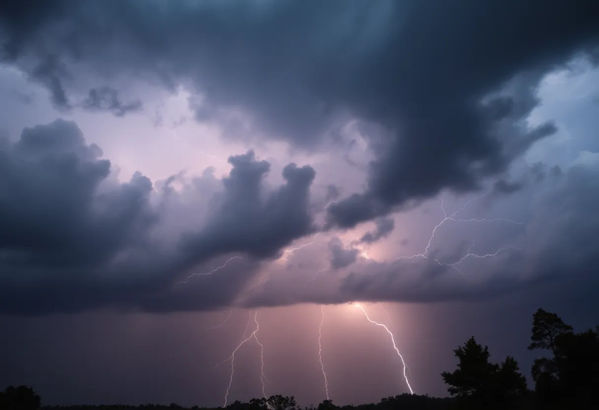 Dark storm clouds and lightning striking during severe thunderstorms in Newberry, SC.