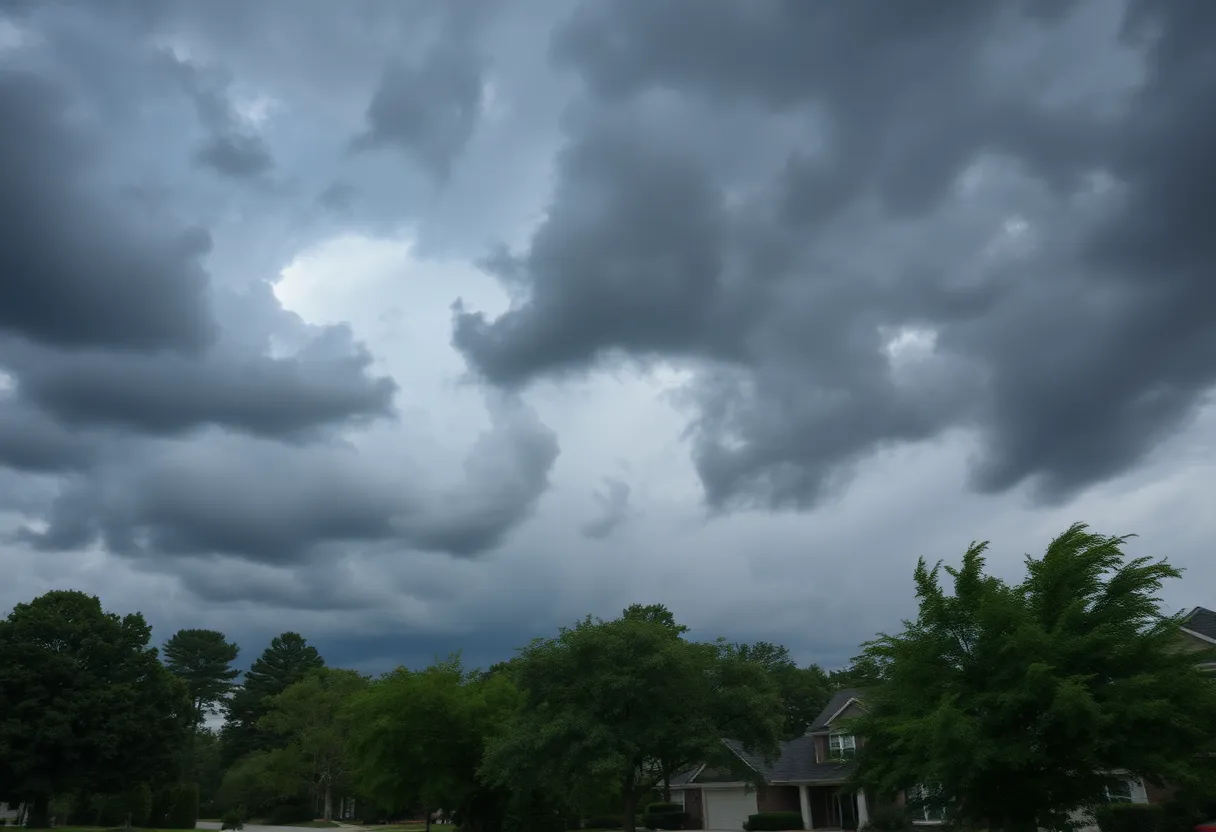 Dark storm clouds and swaying trees in Columbia, SC during a thunderstorm.