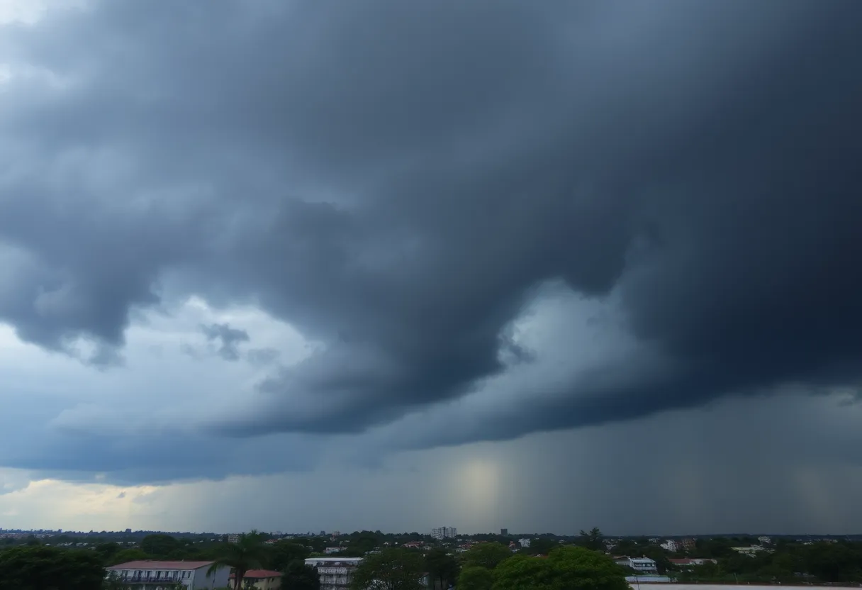 Storm clouds over Columbia with trees swaying.