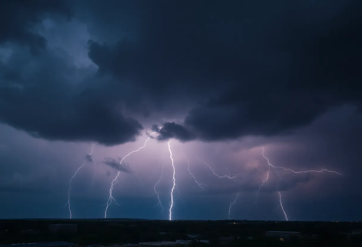 A dramatic thunderstorm over Columbia, SC with dark clouds and lightning.