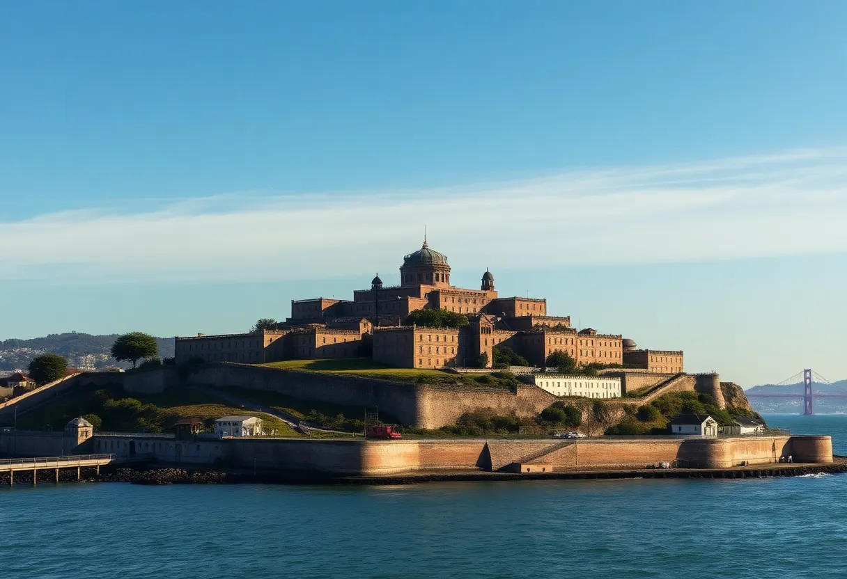 Overview of Alcatraz Island with historical prison buildings