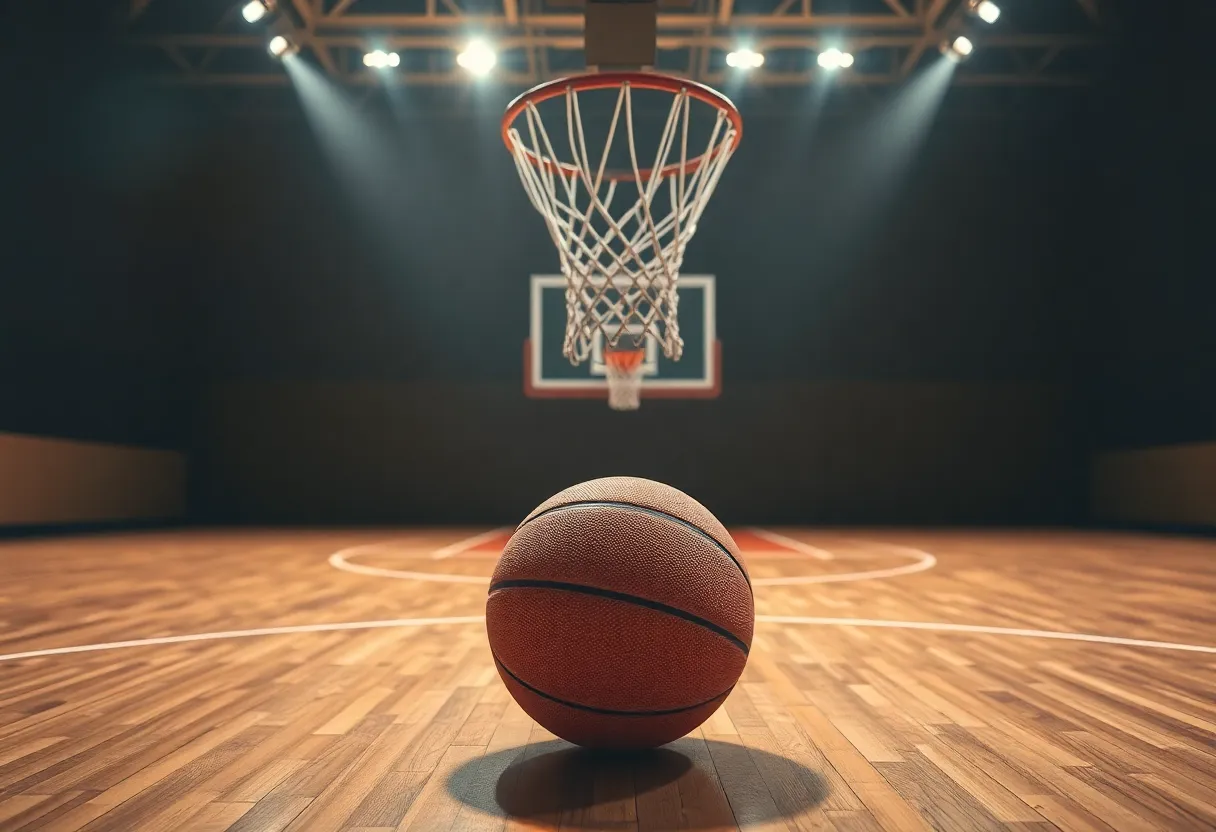 Basketball court with a spotlight on a hoop and ball