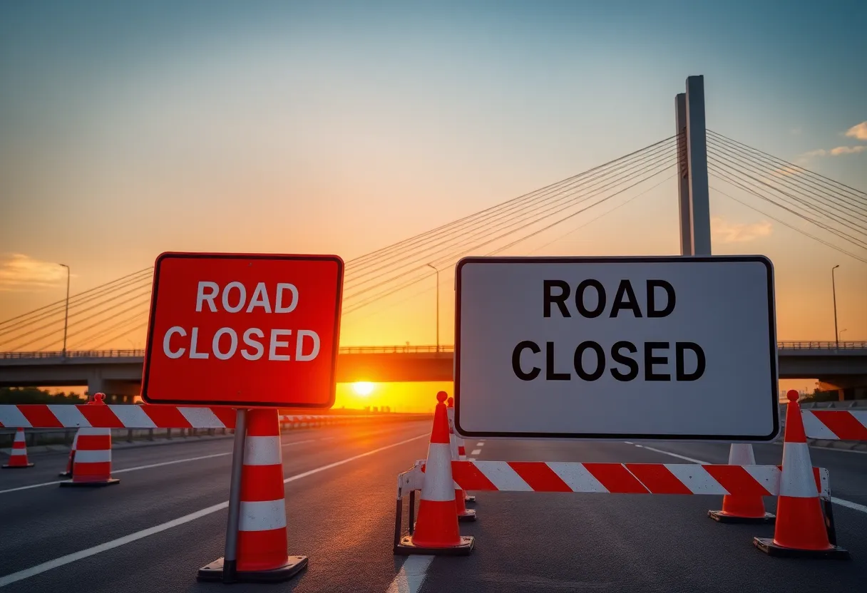 Calks Ferry Road bridge closure sign with construction barriers