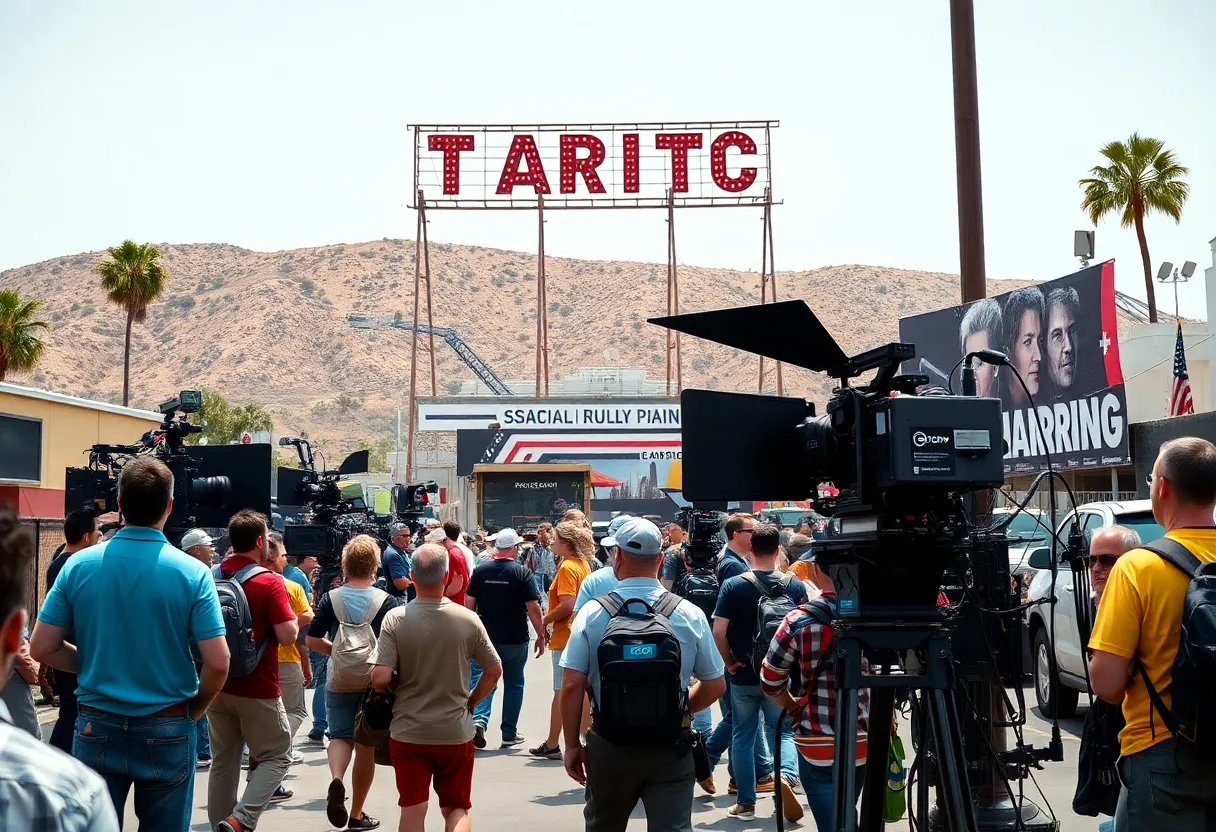 Hollywood film set with equipment and crew near a tariff sign