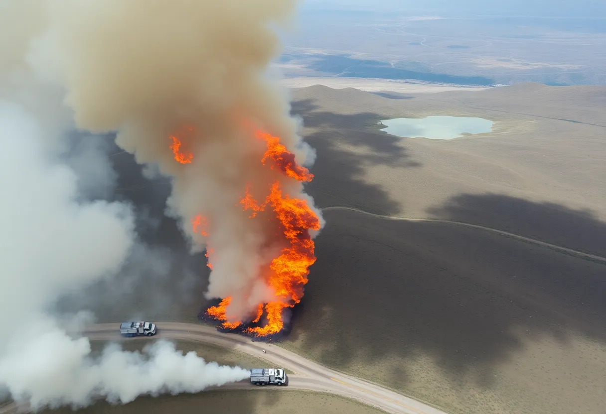 Wildfire burning near Mono Lake with fire trucks on scene