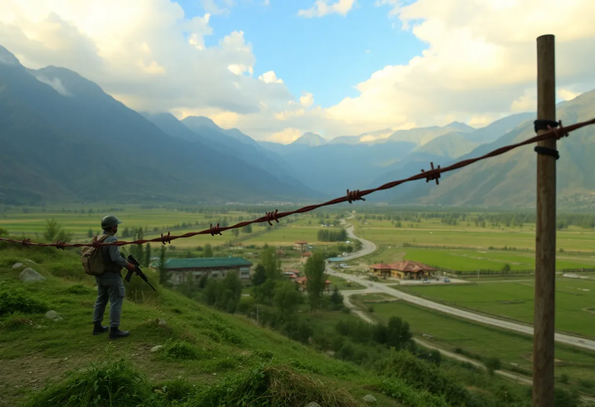 A picturesque view of Kashmir's mountains with signs of conflict.