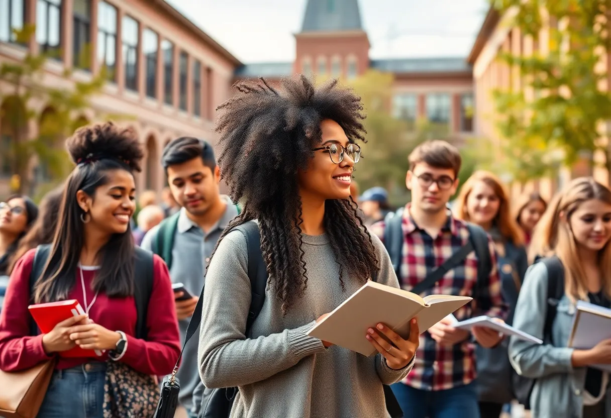 Diverse university students collaborating on campus