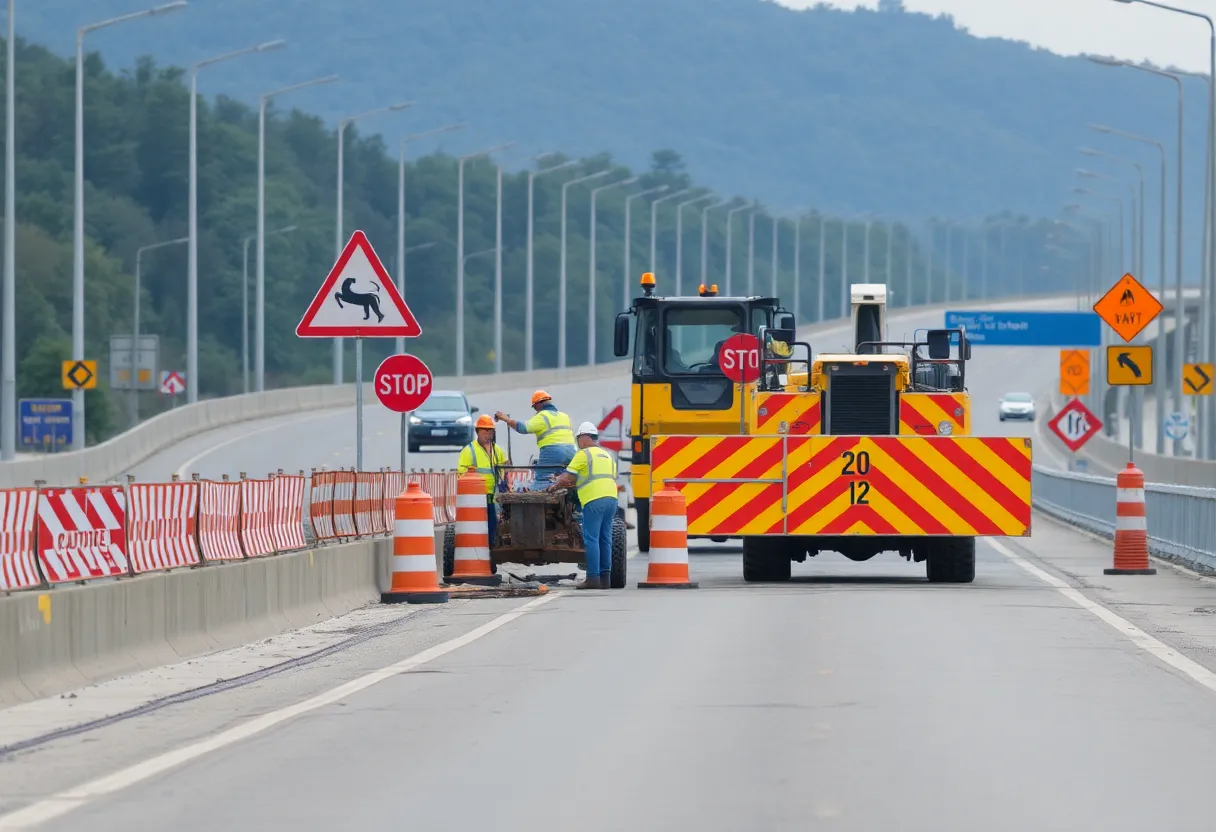 Construction zone on SC 773 with equipment and warning signs