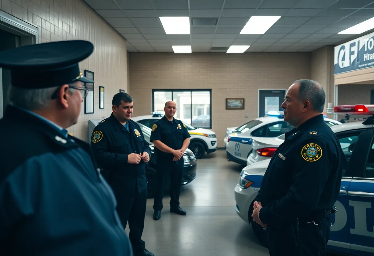 Newberry police officers discussing safety measures outside police station