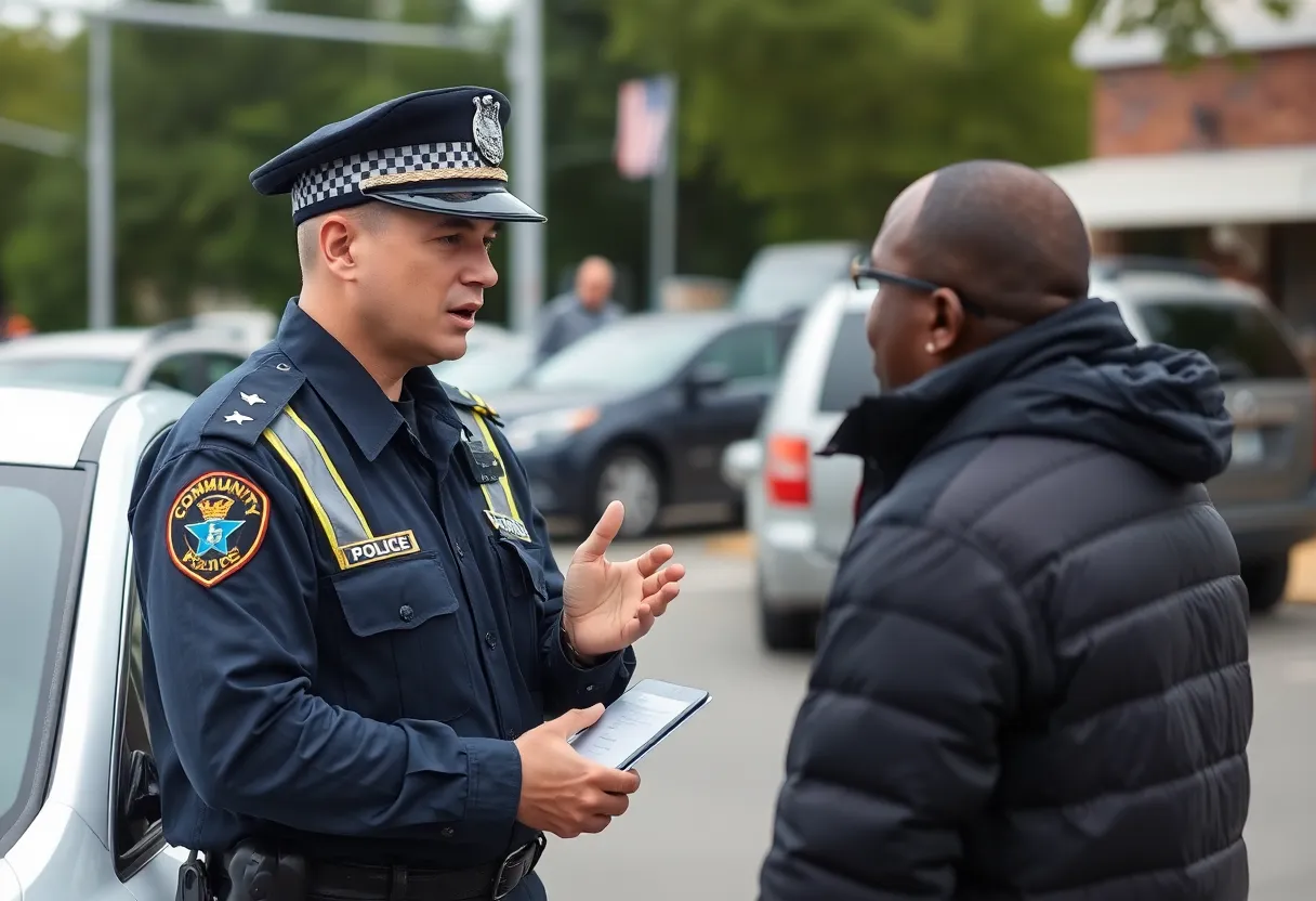 Police officer discussing vehicle theft concerns with residents in Newberry SC