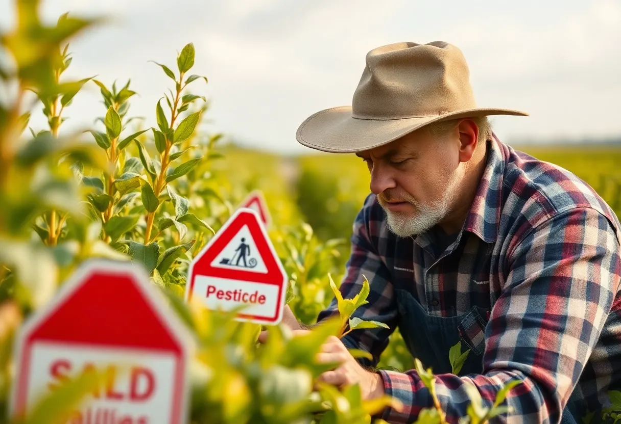 Farmer assessing crop health amid pesticide concerns