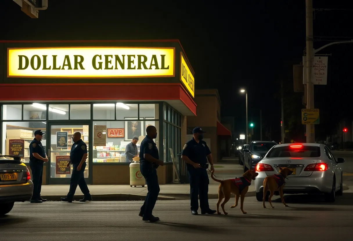 Law enforcement officers searching outside a Dollar General store at night
