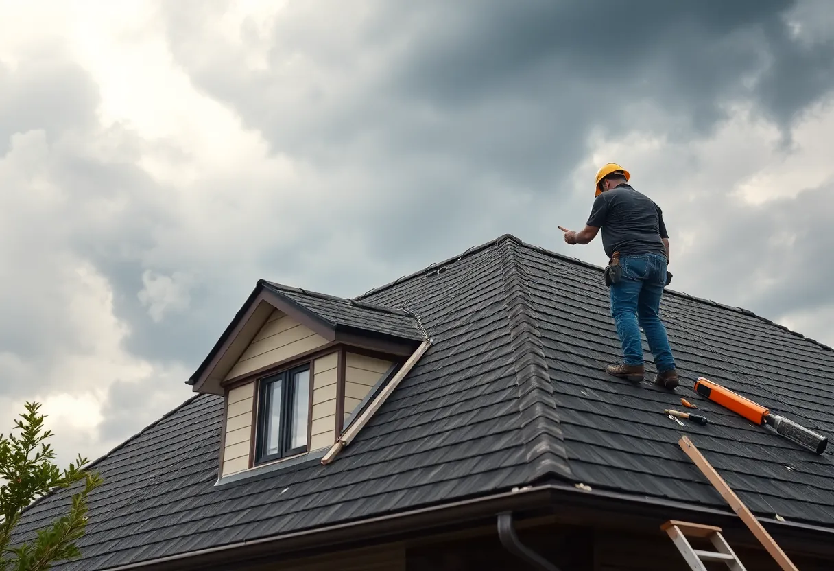 Homeowner inspecting roof for wind safety