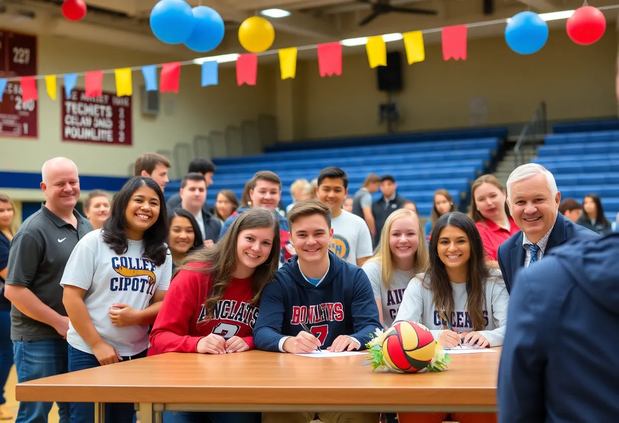 High school athletes celebrating as they sign letters of intent for college sports.