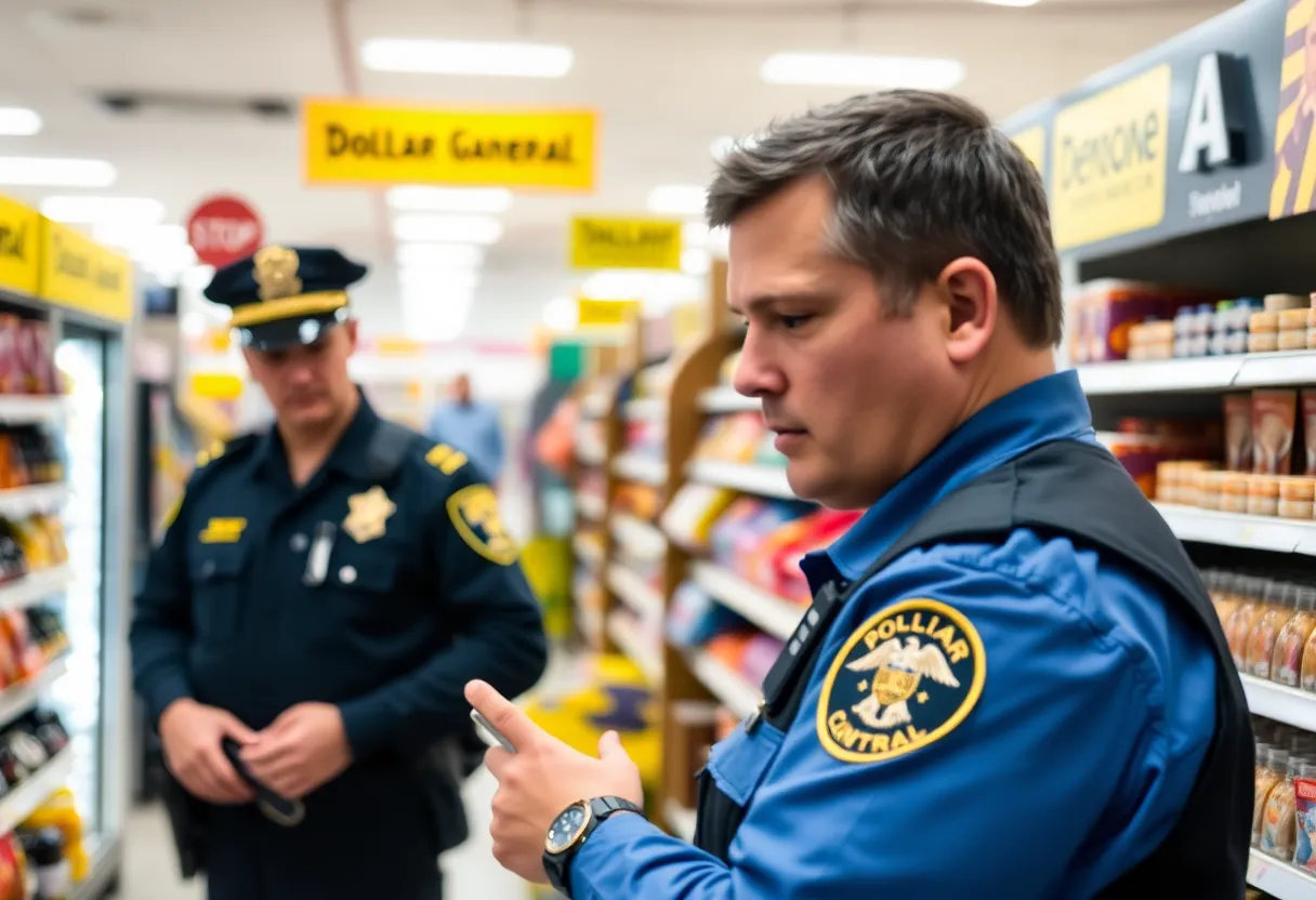 Police officers investigating a Dollar General store for clues
