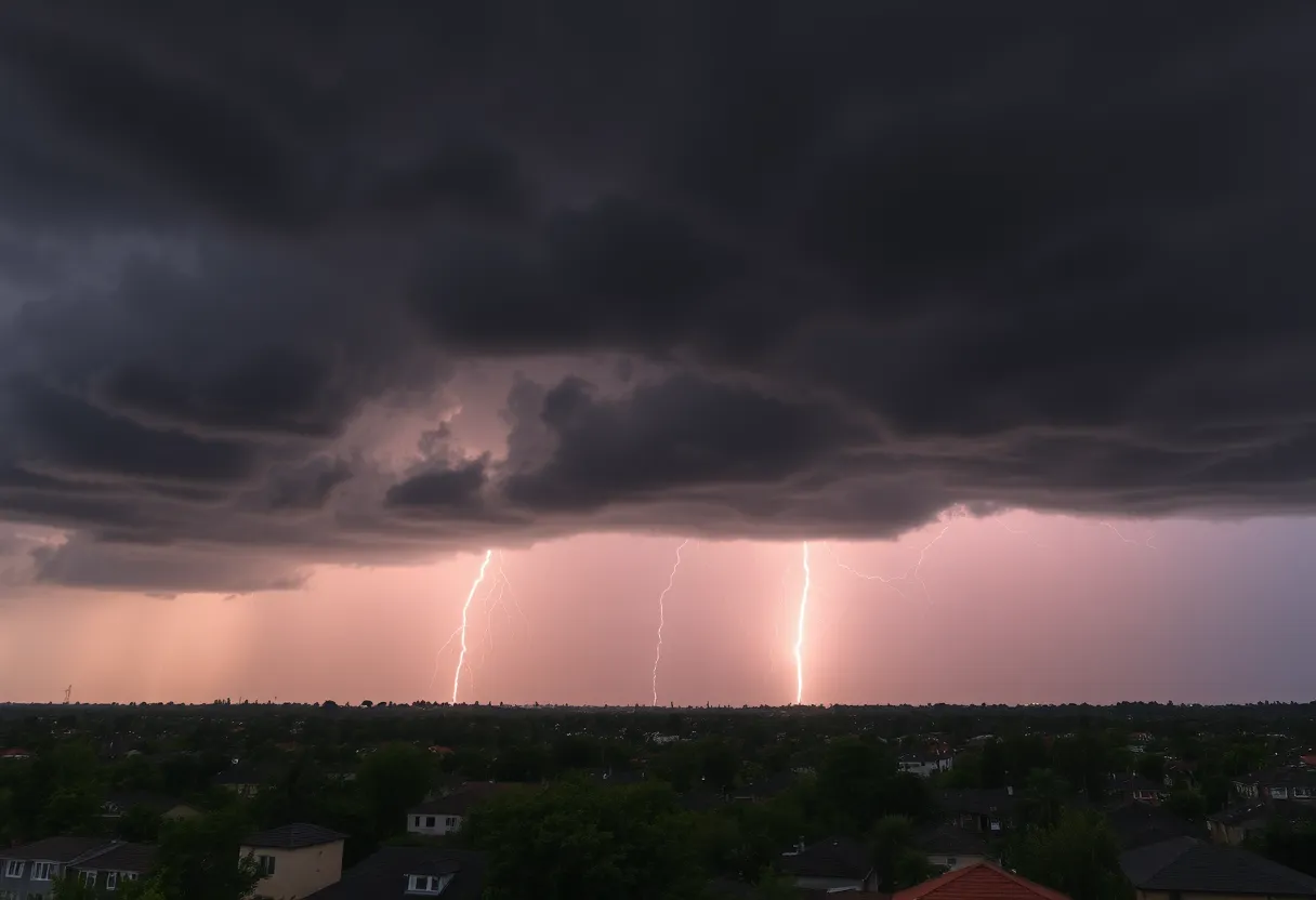 Dark storm clouds looming over Columbia, SC signaling a severe thunderstorm watch