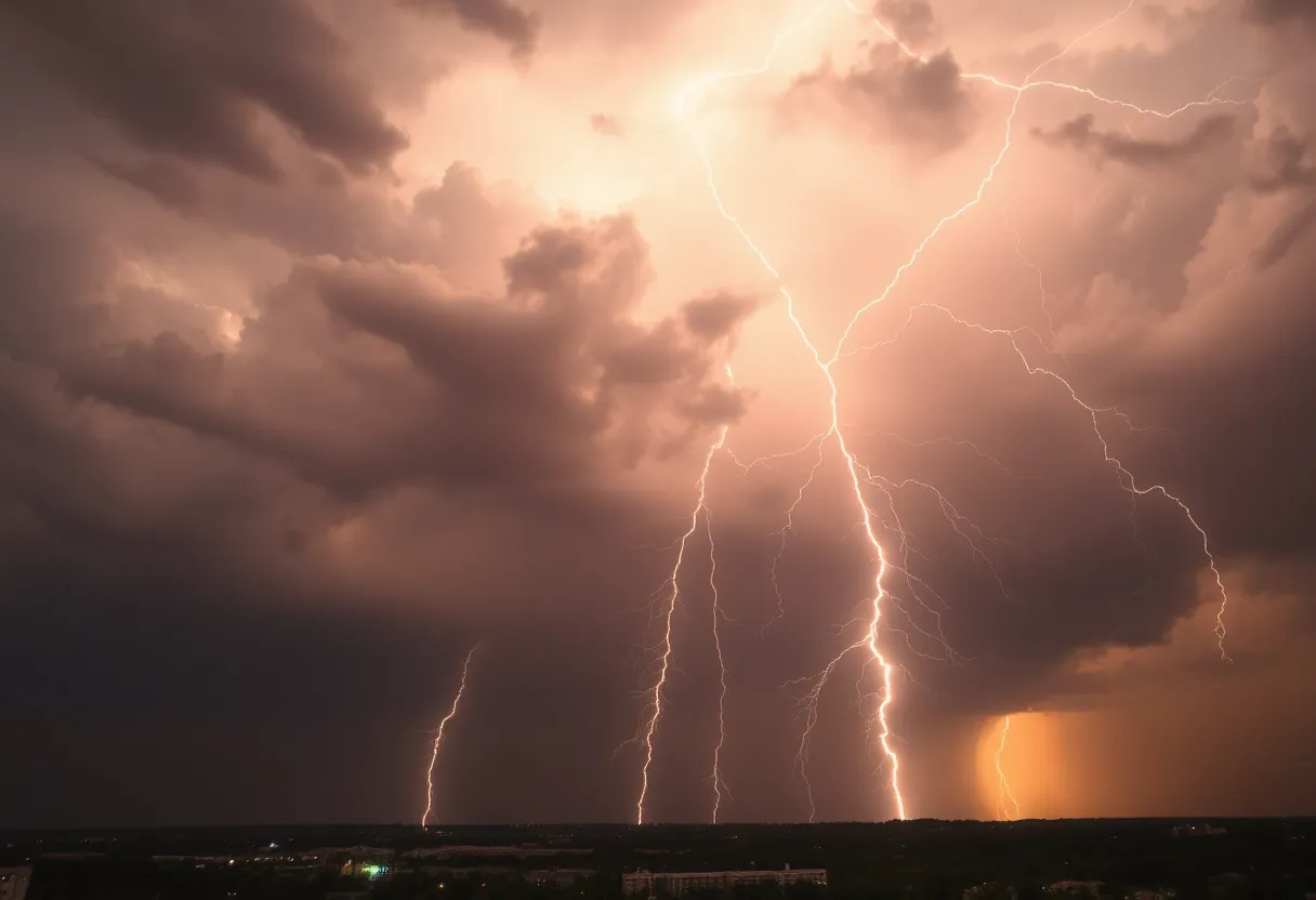 Dramatic storm clouds and lightning over the skyline of Columbia SC