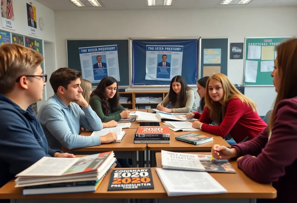 Students engaging in a classroom discussion about conspiracy theories related to elections