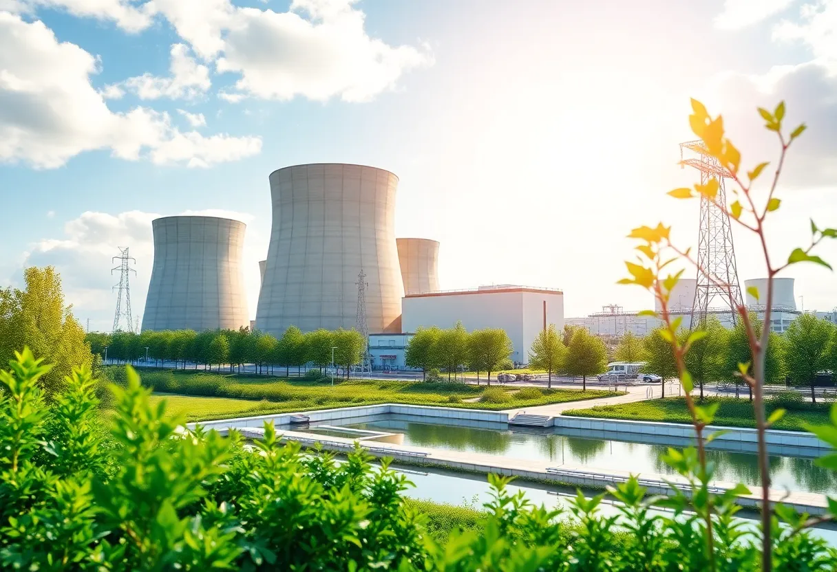 Conceptual image of a nuclear power plant surrounded by greenery