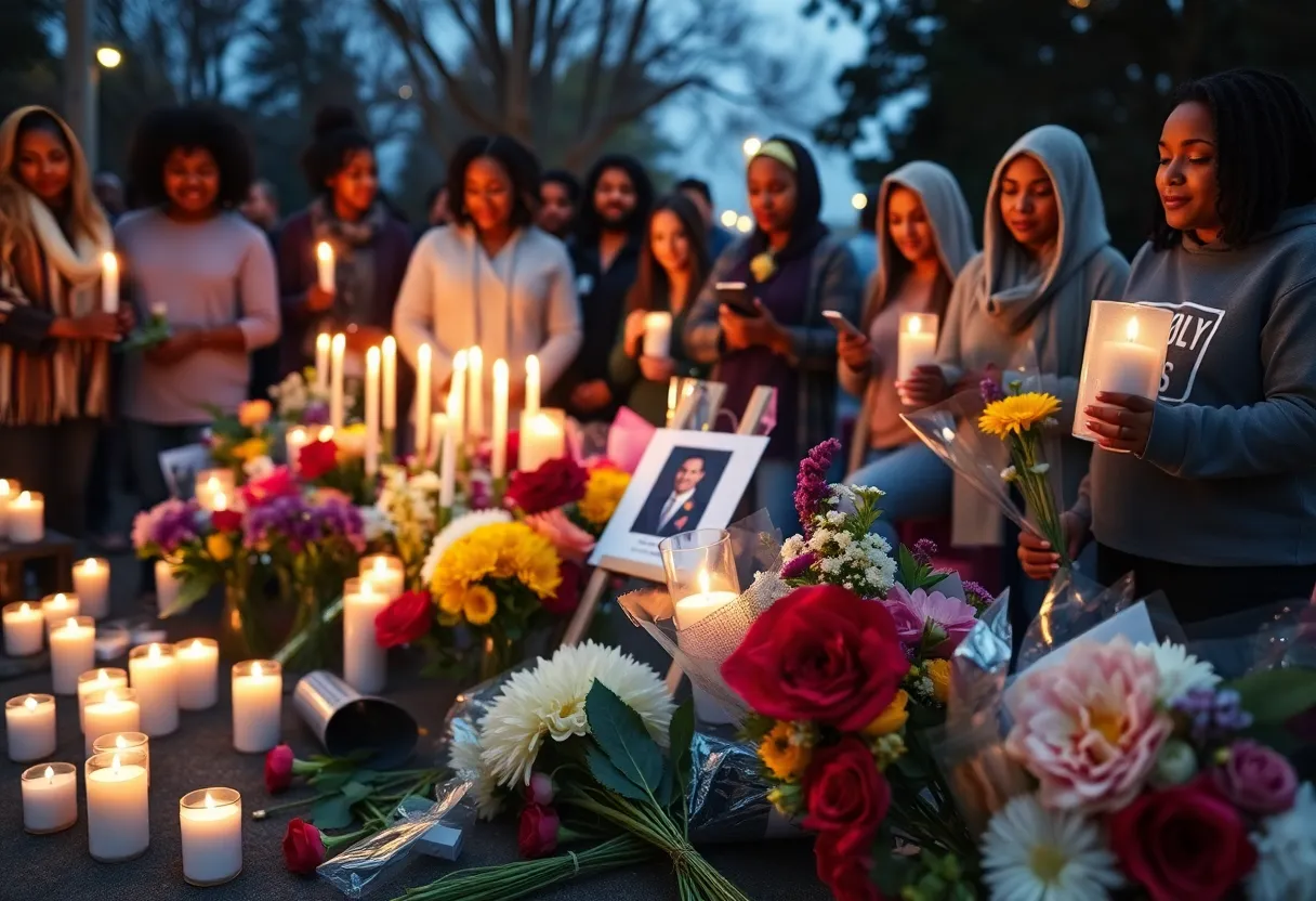 Community members holding candles in a vigil against gun violence