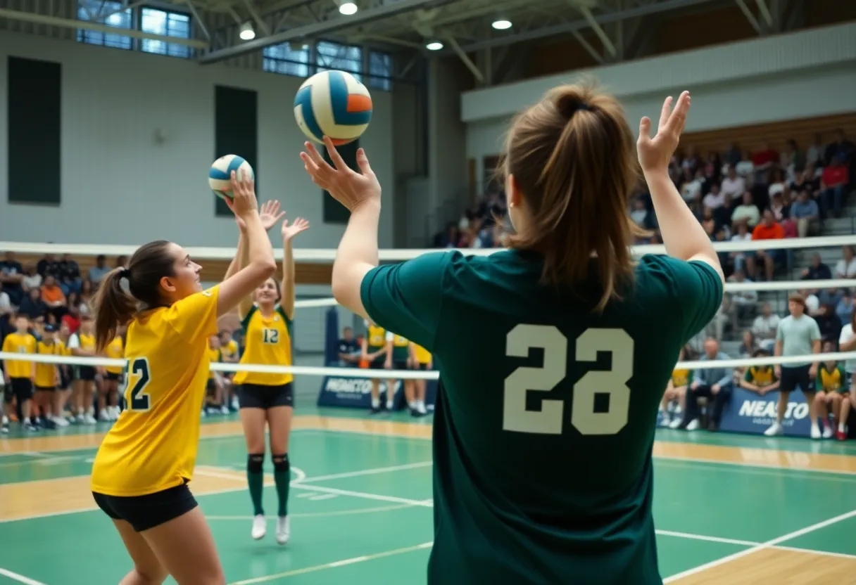Indoor volleyball match with players in action and cheering spectators.