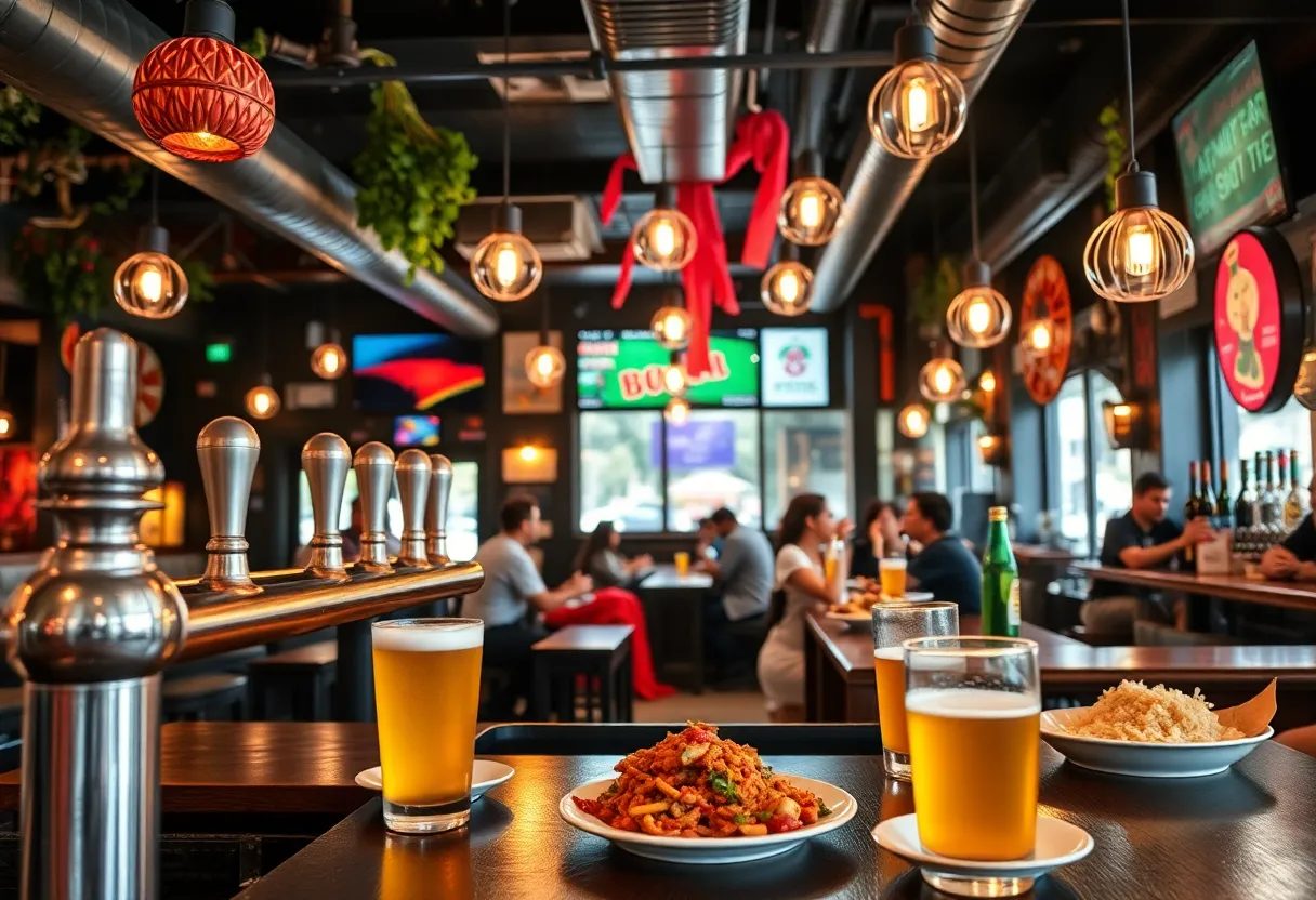 Interior view of the new Voodoo Brewing Company location in Newberry, South Carolina, with patrons enjoying food and drinks.