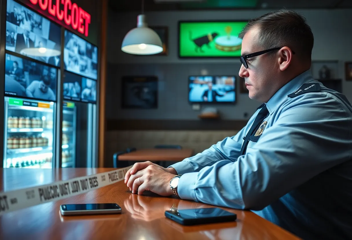 Chapin police officer reviewing surveillance footage